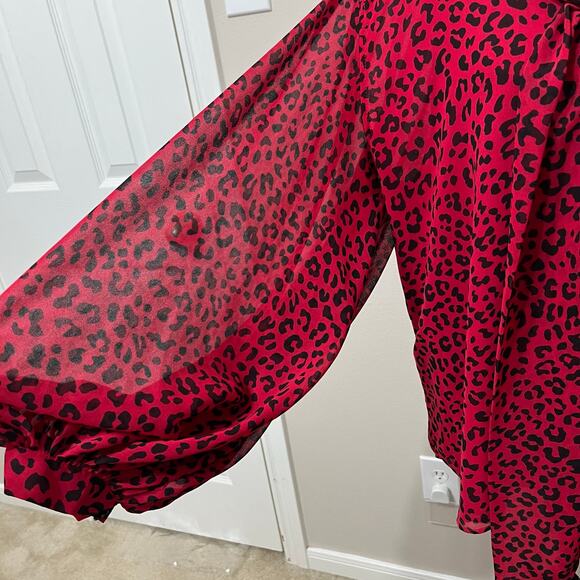 Chico’s Women Blouse Sz 3(16-18) Red/Black Chiffon Balloon Sleeves Holidays - Picture 4 of 10